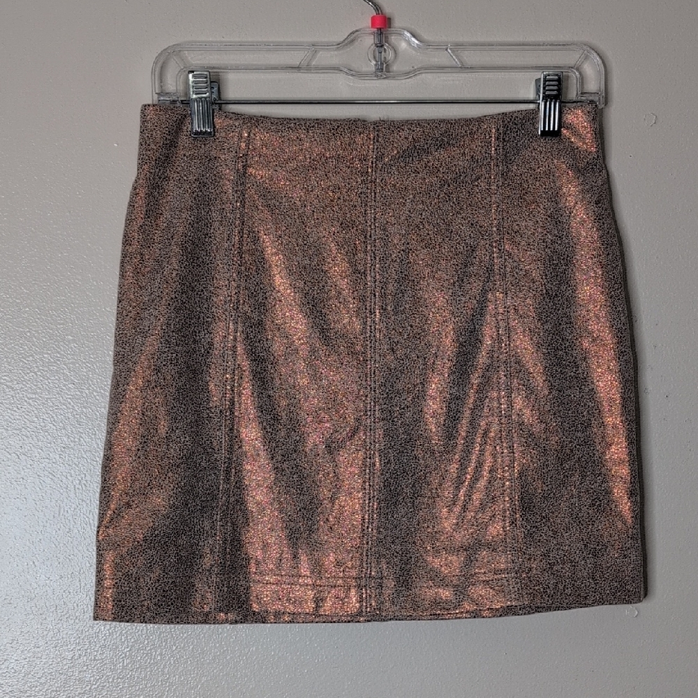 Free People Metallic Brown Gold Copper Faux Suede Zip Mini Skirt Size 2